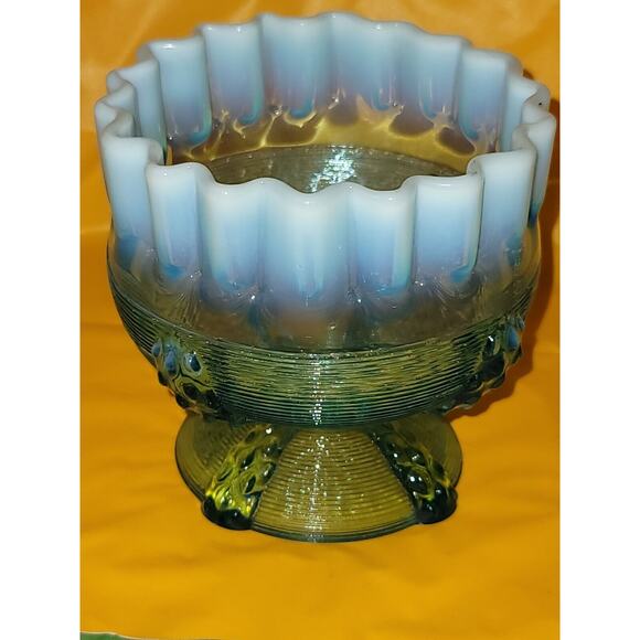 Vintage Northwood Button Panel Blue Opalescent Crimped Top Glass Candy Dish - Picture 2 of 11